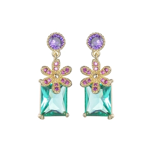 S925 silver stud earrings with colorful flower pattern and green rectangular emerald crystal