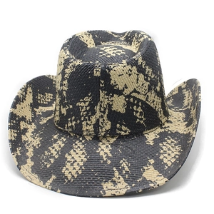 Detailed close-up of woven straw texture on a black and beige cowboy hat for sun protection