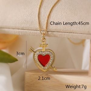 Macro shot of gold zircon heart pendant necklace with dimensions and chain length