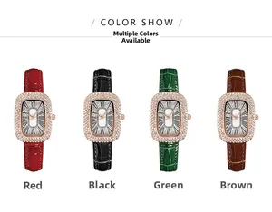 Classic rectangle rhinestone ladies watches in four classic leather strap colors