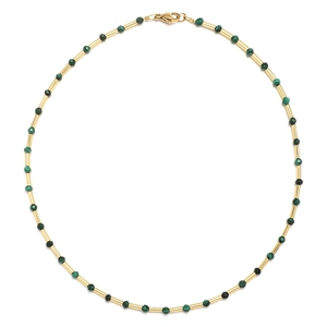 French style necklace with gold metal tubes and dark green faceted natural stone beads