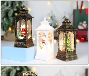Detailed view of LED Christmas lanterns with Santa, snowman and tree figurines