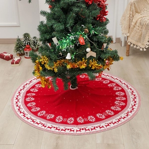 Christmas Tree Skirt Knit Acrylic Reindeer Snowflake Pattern Red White Holiday Decoration European Style Home Party Decor