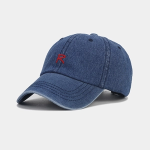 Fashionable dark blue denim baseball cap with red 3D embroidered R letter design