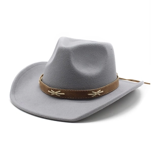 Classic grey felt western cowboy hat with a brown faux leather band and cross-stitch detail