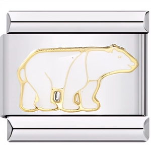 Detailed view of stainless steel bracelet link with a white enamel polar bear design