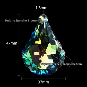 Macro detail of faceted teardrop crystal pendant showing iridescent 47mm size dimensions