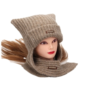 Kawaii winter knitted hat with integrated ear flaps and matching neck warmer for women