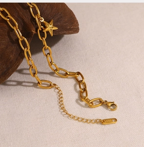 Macro shot of 18K gold plated starfish necklace with stainless steel paperclip chain