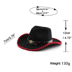 Detail of western jazz hat with red braided edge, star metal studs and size dimensions