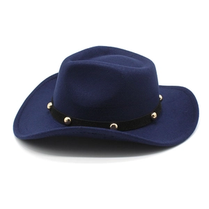 Deep blue wool felt cowboy hat with gold metal rivets and classic curved brim