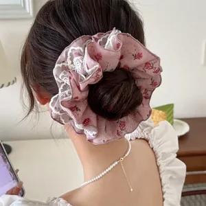 Chouchous En Tissu À Imprimé Fleuri Avec Bordure En Dentelle Blanche Élastiques À Cheveux Surdimensionnés Style Rétro Français