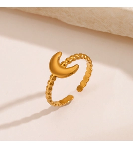 Macro shot of 18K gold plated moon ring with beaded band and adjustable open design