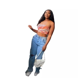 Women's asymmetrical two-tone straight jeans with ripped knees and slit hem