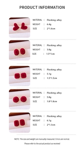 Detailed chart showing specs of five red flocked stud earrings with alloy frames