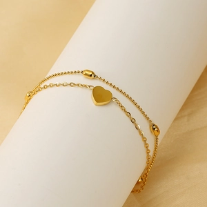 Double-layered 18K gold plated heart anklet with beaded chain and heart pendant