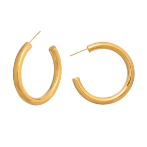 Macro view of minimalist 18K gold plated stainless steel C-shaped hoop earrings