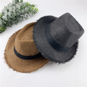 Fedora Straw Hat Frayed Edge Paper Summer Sun Beach Vacation Breathable Jazz Cap With Ribbon Band
