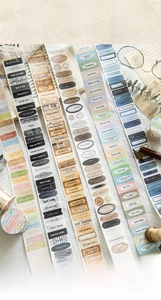 Detail of vintage label washi tape set featuring retro text and die-cut kraft paper patterns