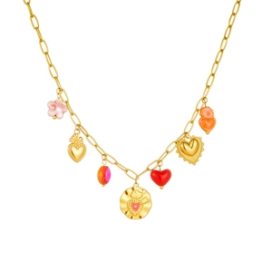 Gold stainless steel necklace with colorful resin heart and flower pendants on white background