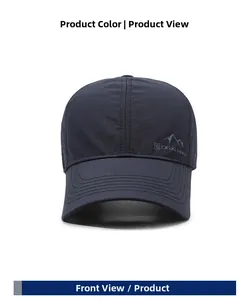 Detail of navy quick-dry outdoor cap featuring mountain graphic and breathable fabric