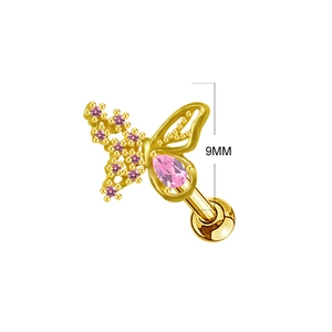 Detailed macro view of 9mm golden butterfly cartilage stud with pink zircon gemstones