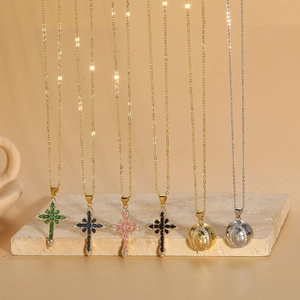 Cross and Virgin Mary necklaces with colorful zircon stones in gold and silver finish