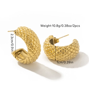 Detail view of gold C-shaped earrings with diamond texture showing exact dimensions