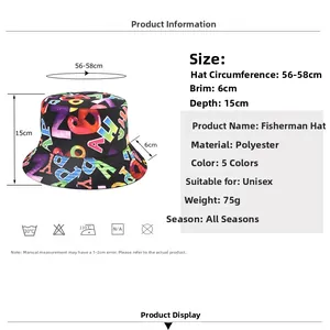Colorful alphabet print bucket hat for outdoor sun protection with 56-58cm size