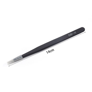 Detail view of ESD-11 black anti-static precision tweezers with 14cm length measurement