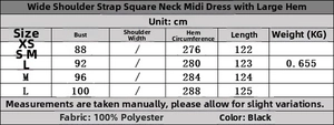 Size guide for square neck midi dress showing chest, hem, and length in cm for XS-L