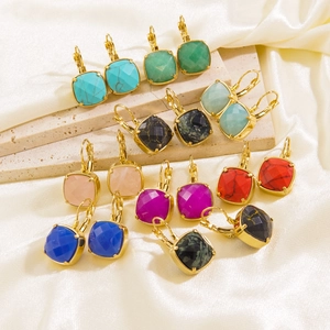 Square colorful gemstone earrings with 14K gold plated stainless steel frames on silk