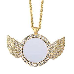 Golden iced-out angel wings photo frame pendant necklace with twisted rope chain