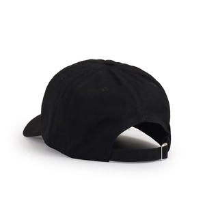 Rear view of black cotton baseball cap showing adjustable strap and silver metal buckle