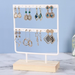 Modern Iron Earring Stand Jewelry Display Rack With Wooden Base Metal Ear Stud Organizer Holder Home Decor Storage Desk