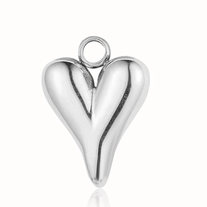 Polished silver heart-shaped stainless steel pendant with top ring on white background