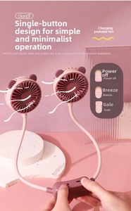 Detail of pink portable neck fan featuring three-speed wind control and micro-USB charging port