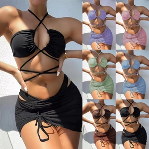 Bikini Femmes Avec Licou Croisé À Nouer Mini Jupe Plissée Couleur Unie Nylon Maillots De Bain Plage