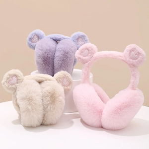 Sweet fuzzy earmuffs with bear ears and heart embroidery in pink, purple, and cream colors