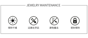Jewelry maintenance guide showing icons for keeping dry and avoiding chemicals