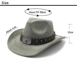 Size specifications for the vintage bull head suede cowboy hat with 12cm height and 8cm brim