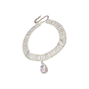 Elegant silver choker necklace with multi-row chains and an oval zircon pendant stone