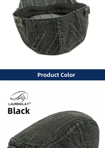 Detailed close-up of dark denim ivy cap featuring white contrast stitching and metal buckle