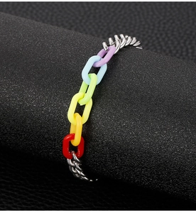Macro shot of stainless steel chain linked with vibrant acrylic rainbow segments
