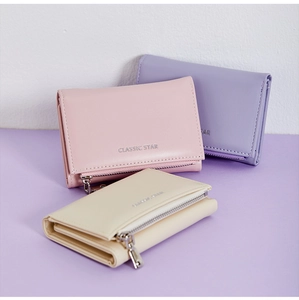 Three-fold PU leather wallets in pink, purple and beige with zipper coin pocket