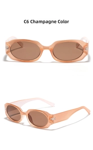 Macro detail of champagne-colored square sunglasses with C6 resin frames and tinted lenses