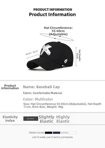 Detailed size guide of black baseball cap with X embroidery and adjustable metal buckle