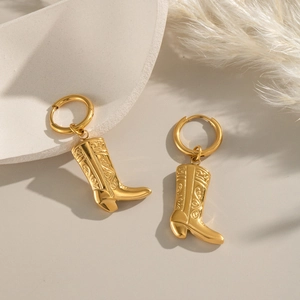 18K gold plated stainless steel cowboy boot earrings with intricate vintage engraving