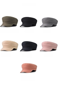 Color display of solid flat top baker boy hats in military green, black, and more options