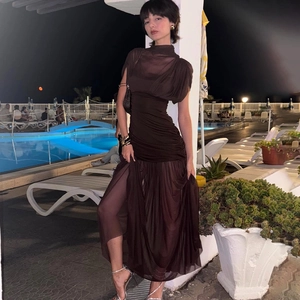 Robe Maxi En Maille Froncée Sans Manches Col Montant Transparente Sexy Bodycon Streetwear Élégante Longue Pour Femmes